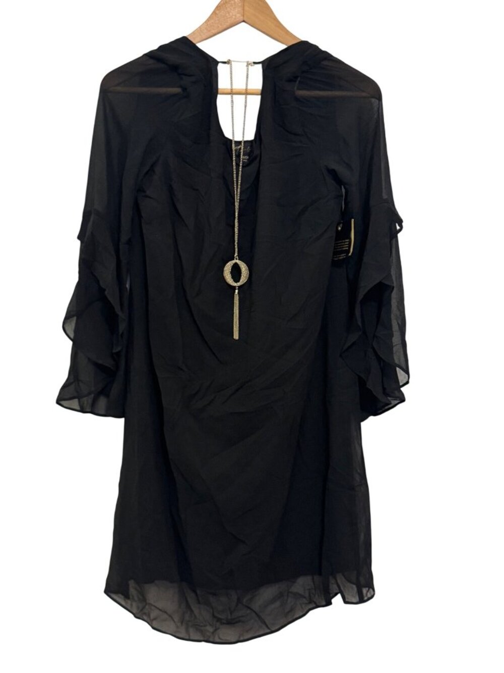 Talia Sodi Black Sheer Ruffle Sleeve Dress With Necklace Small